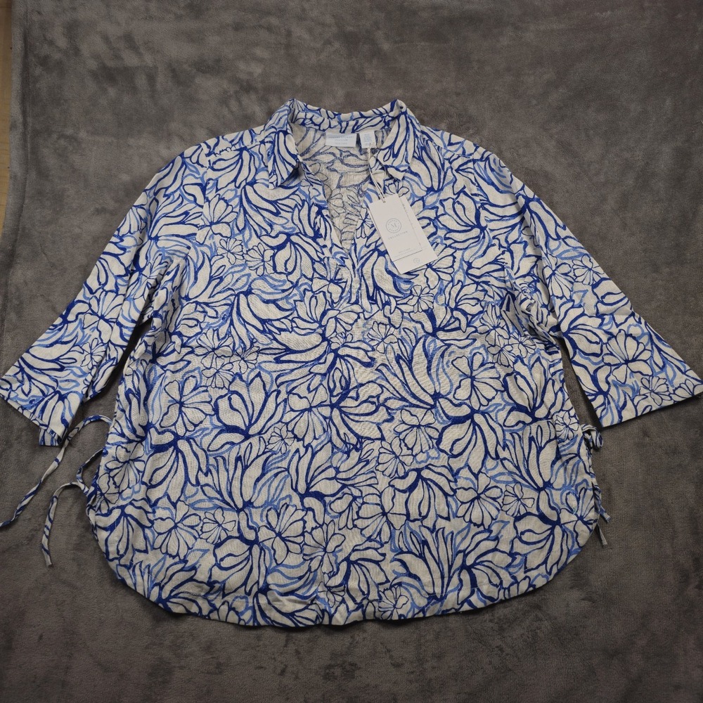 Martha Stewart Blue & White 100% LINEN 3/4 Sleeve Side Ties Top Shirt Sz 2X NWT